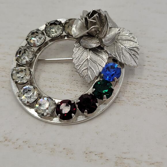 Sterling Silver Multi Color Rhinestone Wreath Brooch Pin Set Mother’s Day Gift - Picture 3 of 12